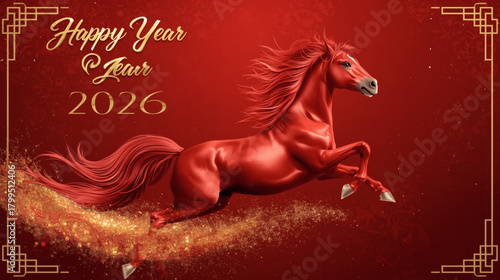 Chinese horoscope. Happy New Year 2026. The symbol of the year is a red fire horse on a red background. Banner for a party and New Year's Eve.