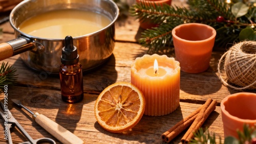 A warm Christmas candle-making workspace with natural materials.