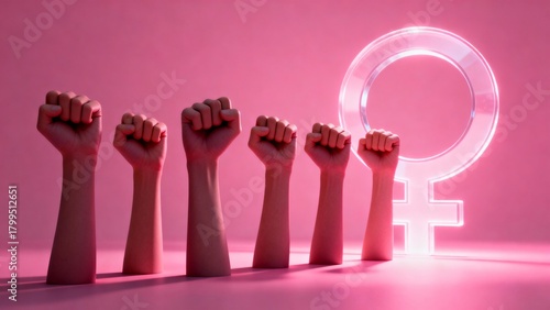 Banner with woman fists in fight sign and female symbol. International Day for the Elimination of Violence against Women. Feminism. 3d illustration. International Women's Day. March 8.