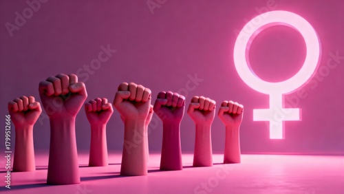 Banner with woman fists in fight sign and female symbol. International Day for the Elimination of Violence against Women. Feminism. 3d illustration. International Women's Day. March 8.