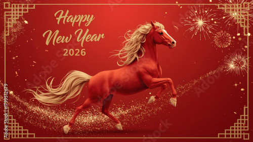 Chinese horoscope. Happy New Year 2026. The symbol of the year is a red fire horse on a red background. Banner for a party and New Year's Eve.
