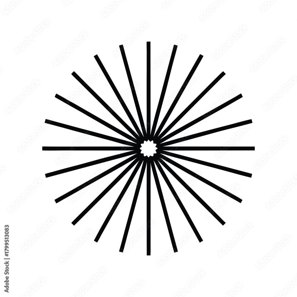 Obraz premium Abstract radial burst of thin black lines originating from a central point on a white background, evoking a sense of energy and expansion
