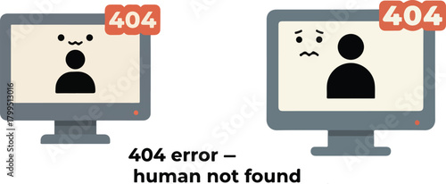 404 Error Monitor “Human Not Found” Cartoon Flat Vector Illustration