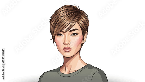 Digital illustration of a woman with short brown hair and a grey shirt