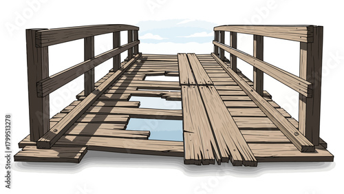 Dilapidated wooden footbridge with holes in the planks