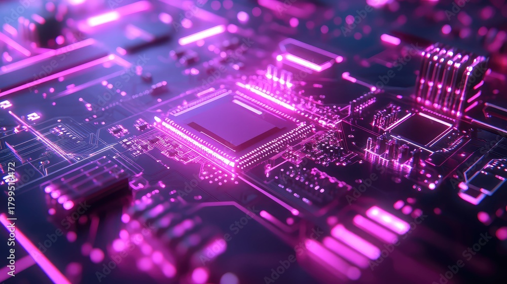 Obraz premium Computer circuit board glowing with vibrant neon technology light