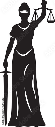 Black silhouette of lady justice holding scales and sword isolated on transparent background