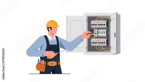 Electrician working on a breaker box with colorful wires