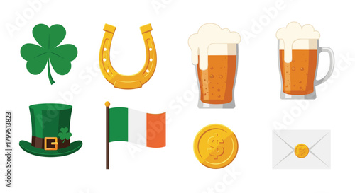 St. Patrick's Day celebration icons and Irish symbols, featuring a shamrock, beer, a leprechaun hat, and the national flag of Ireland.