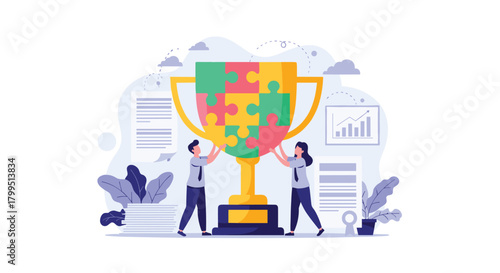 A team of business professionals collaborate to assemble a trophy from puzzle pieces, symbolizing problem-solving, teamwork, and achievement in business.