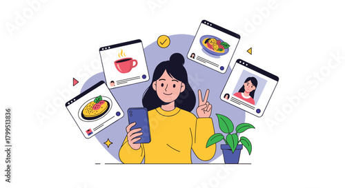 A young woman taking a selfie with her smartphone, making a peace sign, and sharing diverse lifestyle content on social media.