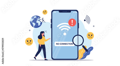 Frustrated woman struggles with internet connection on her smartphone, displaying 'NO CONNECTION' and a broken Wi-Fi signal, amidst symbols of digital disruption.