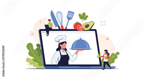 Digital culinary platform with a chef on a laptop screen presenting food, surrounded by cooking tools, fresh ingredients, and engaged small people.