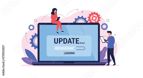 People interacting with a laptop displaying a software update and loading screen, with gears symbolizing system maintenance and technological process.