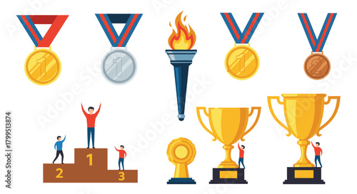 Illustrations of success, victory, and achievement with gold, silver, bronze medals, various trophies, a torch, and a winner's podium.