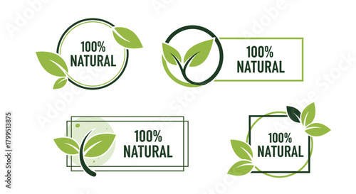 Four distinct 100% natural product labels featuring green leaves and elegant designs, representing organic quality and eco-friendliness.