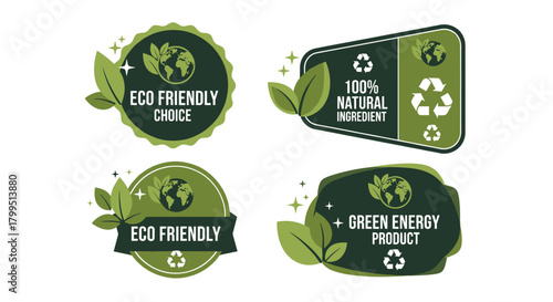 A set of green-themed badges and labels promoting eco-friendly choices, natural ingredients, and green energy products.