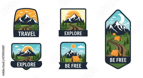 A collection of flat design outdoor adventure and travel vector badges depicting mountains, forests, winding roads, and camping tents.