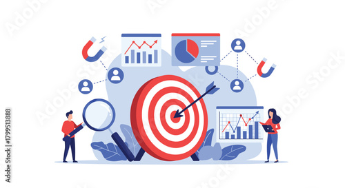 Business professionals analyzing data, optimizing marketing strategies, and achieving goals with targeted audience engagement.