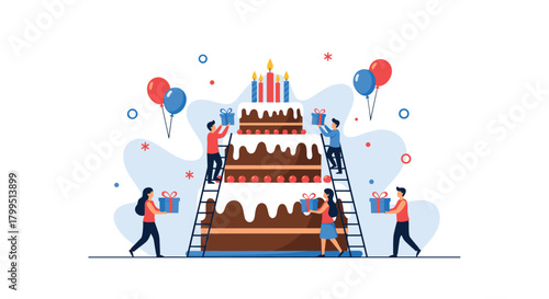 A dedicated team collaboratively prepares a grand, multi-tiered birthday cake, adding glowing candles and gift boxes for a joyous celebration.