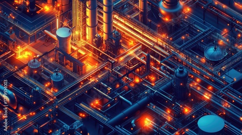 Industrial futuristic refinery illuminating network of pipelines