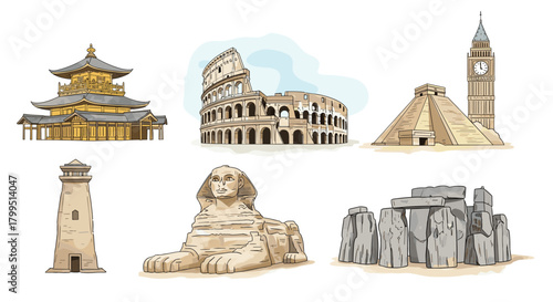 A collection of famous historical landmarks from around the world.