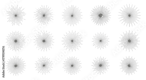 Abstract radial patterns with a central focal point and scattered dots forming a circular explosion effect.