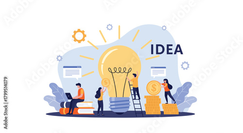 A diverse business team collaboratively works to develop and fund a new big idea, symbolizing innovation, brainstorming, and collective financial investment.