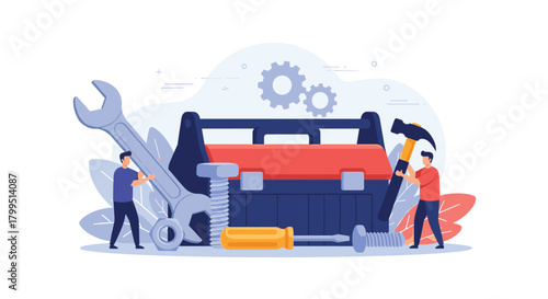 Illustration of people with tools and a toolbox for repair services or construction work.