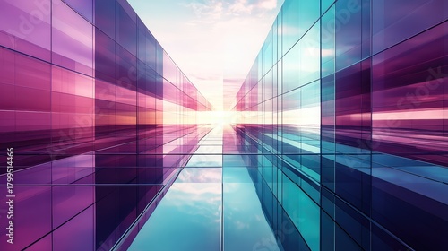 Abstract glass architecture reflecting vibrant sunset sky