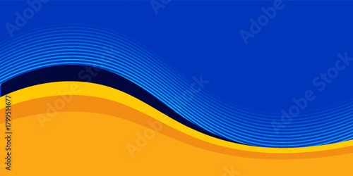 Abstract blue and yellow wave wide background banner curve element with line blue pettern space for text and message design, overlapping layers.