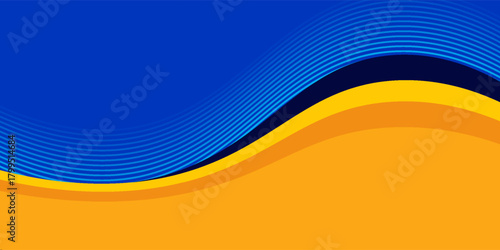 Abstract blue and yellow wave wide background banner curve element with line blue pettern space for text and message design, overlapping layers.