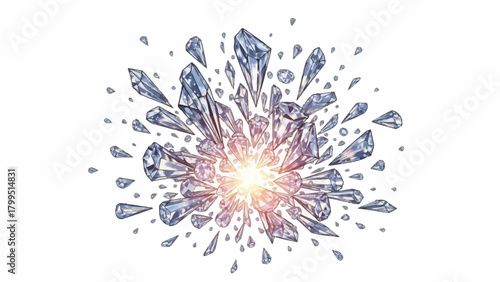 Explosion of glittering sharp translucent crystals radiating from a bright light
