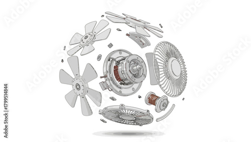 Exploded view of a fan motor and fan blades arranged spherically