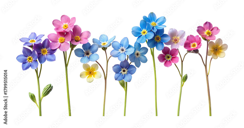 Naklejka premium Vibrant and colorful flowers in a row isolated on a white background