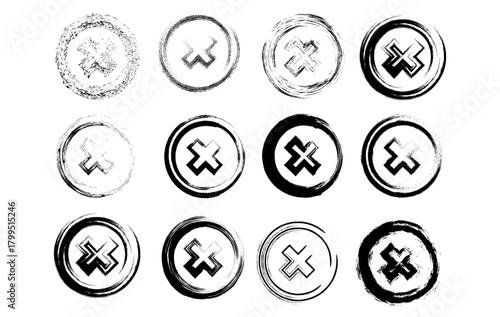 Set of Grunge style Distressed circle icons with bold cross marks, suitable for error marks, cancel signs, badges, and graphic projects.