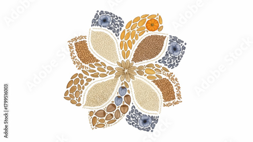 Floral mandala formed from seeds and grains with a small pumpkin