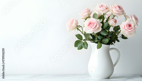 Wallpaper Mural Soft pink roses in white pitcher sit on clean white surface. Sunlight casts diagonal shadows on plain background Torontodigital.ca