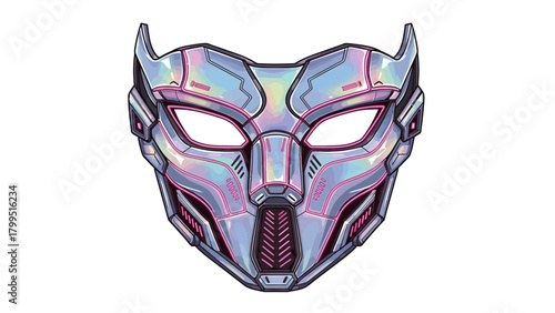 Futuristic metallic mask with iridescent finish and pink accents