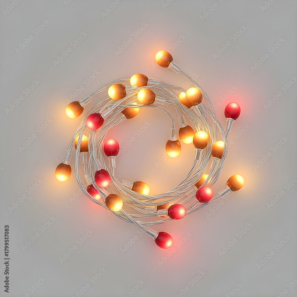 Obraz premium A refined, engaging variation of isolated twisted fairy light rope with warm neon gradient bulbs, high-clarity transparent cutout, no drop shadows, realistic glow maintained, Christmas decoration