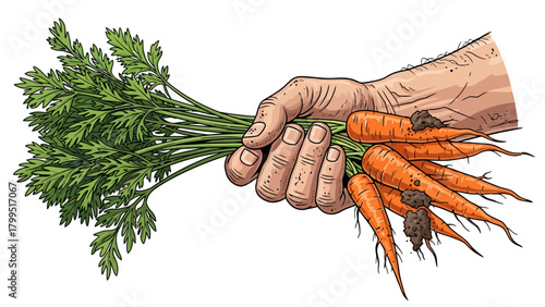 Hand holding fresh carrots with green tops