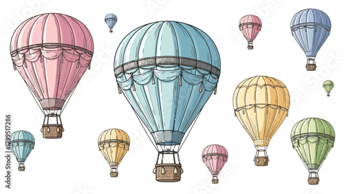 Hot air balloons of various colors ascend against a white background