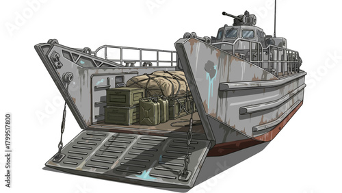 Landing craft loaded with cargo and a mounted gun