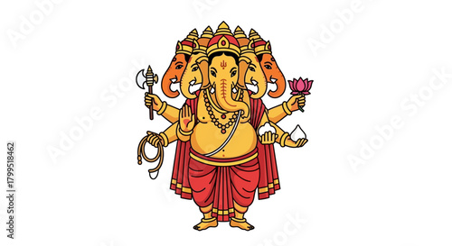 Deity Ganesha with multiple faces holding symbolic objects in traditional attire