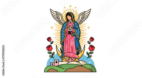 Virgin Mary Illustration Devotion, Grace, and Symbolism Depicted in Detailed Vector Art