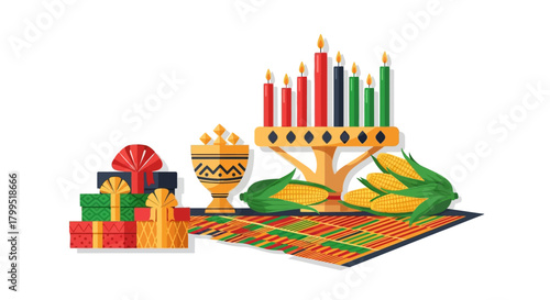 Vibrant vector illustration of a Kwanzaa celebration with traditional symbols like the Kinara, unity cup, and gifts