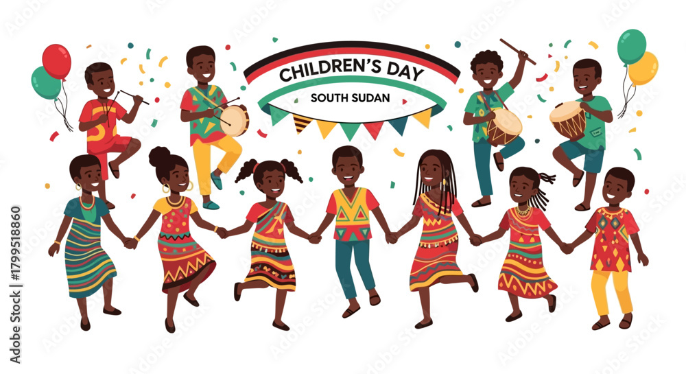 Fototapeta premium Joyful South Sudanese Children Celebrating with Music and Traditional Dance, Expressing Vibrant Cultural Pride and Unity