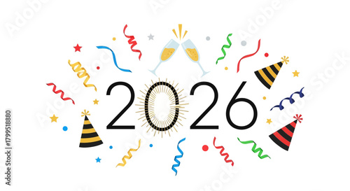 Happy New Year 2026 celebration design with a champagne toast, colorful confetti, and party hats