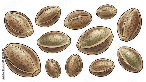 Multiple detailed illustrations of cannabis seeds on a white background