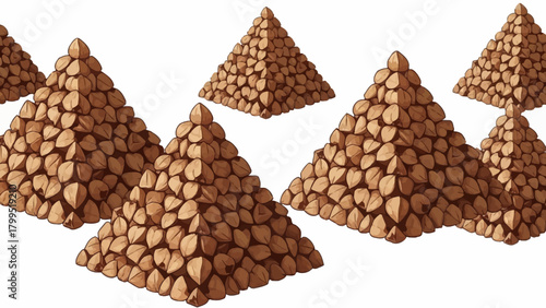 Multiple pyramids of buckwheat grains on a white background